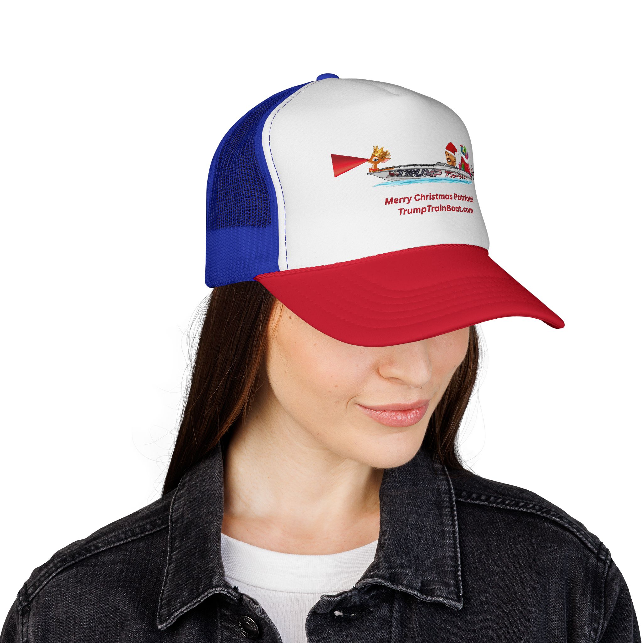 Merry Christmas Patriots & Rudolph Mesh Truckers Hat - Image 36